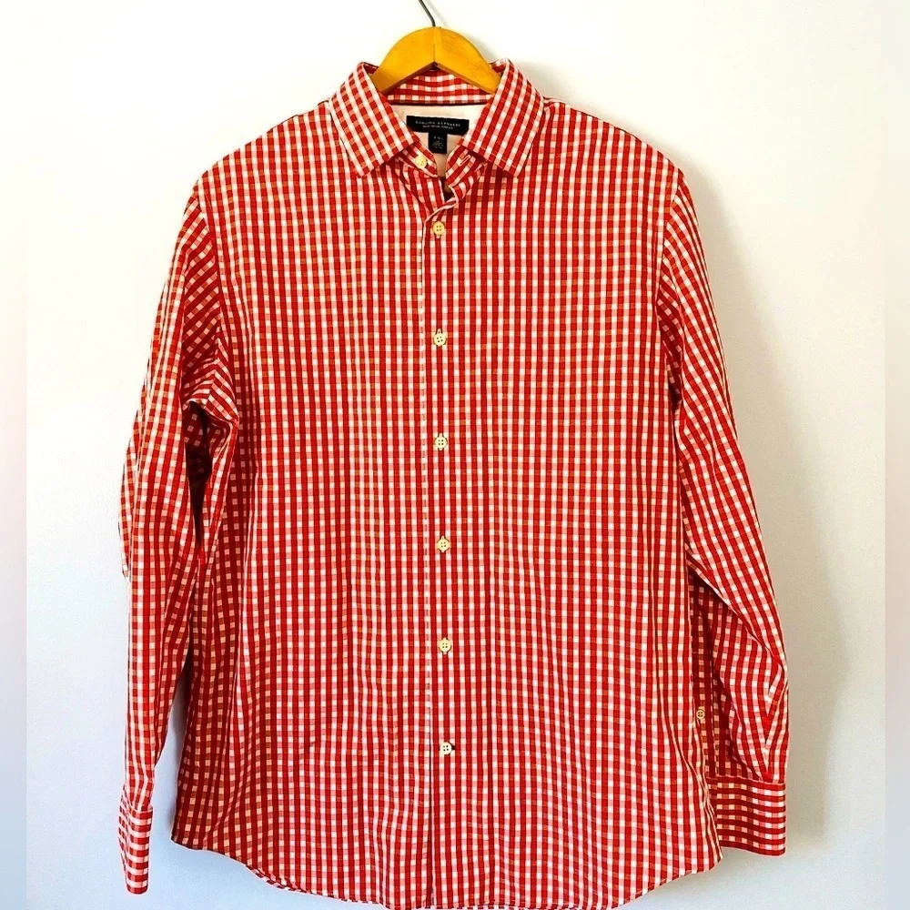 Banana Republic Non Iron Button Up Mens Sz Medium Cayenne Orange Slim Fit Check